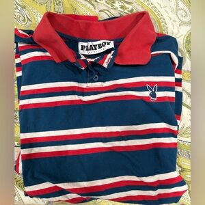 LARGE Playboy Polo Adult Blue Striped University Long Sleeve Mens